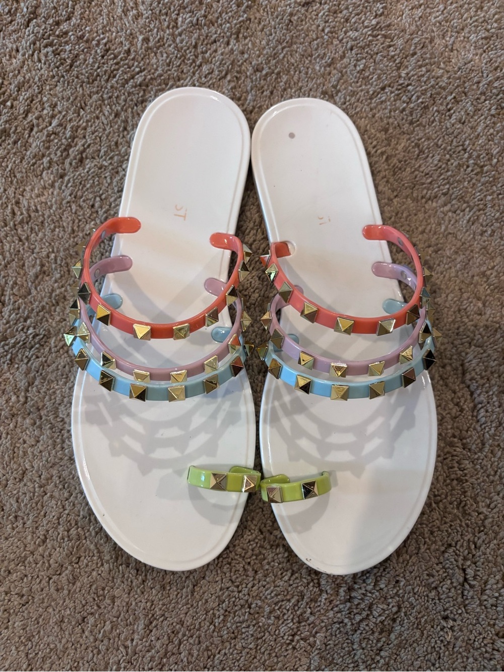 White Slide Sandals with Pastel Studded Straps
